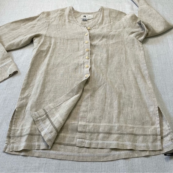 Flax S Womens Button Front Tan 100% Linen Lagenlook Neutral Petite Women’s Shirt - Picture 6 of 7